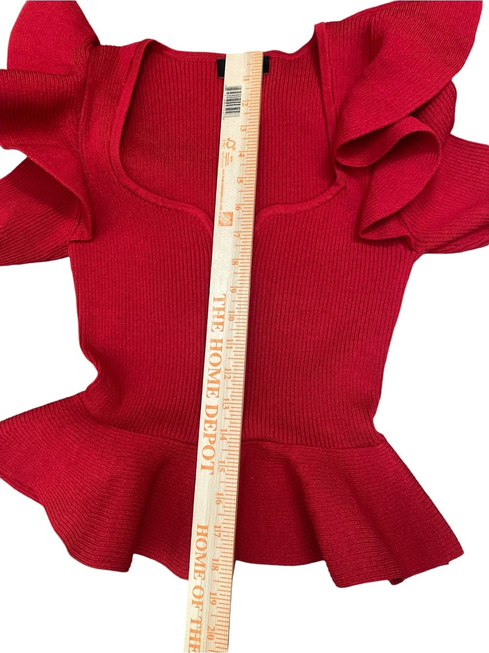 Express Red Ribbed Knit Statement Ruffle Peplum Long-Sleeve Sweater - Picture 7 of 8